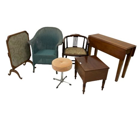 Lloyd Loom of Spalding chair; oak rectangular drop-leaf table; walnut framed firescreen, elbow chair, dressing table stool, b