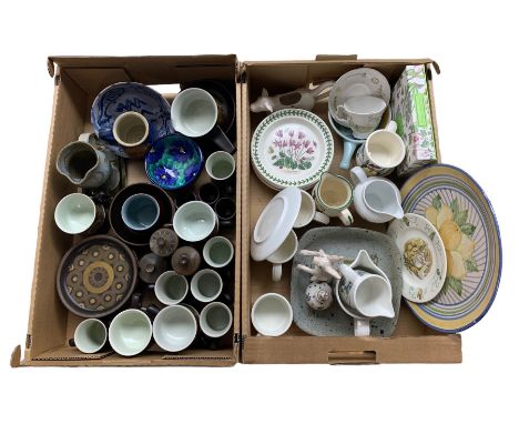 Quantity of studio pottery and stoneware ceramic including Denby Arabesque in two boxes