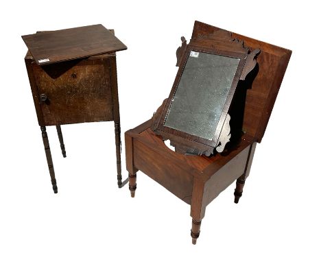 Georgian mahogany pot cupboard (W38cm, H77cm, D32cm), fretwork mahogany mirror, walnut commode 