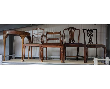 Regency mahogany elbow chair, bar back, c-scroll elbow rests with carved reeding, drop in seat over turned and reeded support