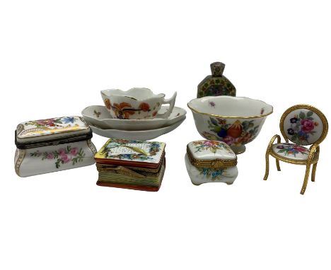Herend tea bowl together with Limoges trinket dishes, enamel scent bottle etc. in one box
