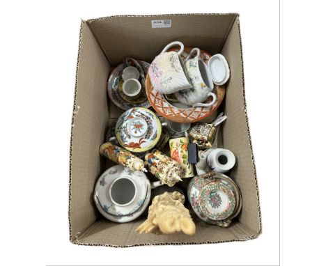 Chinese and Japanese ceramics including a Canton teapot, Japanese tea ware, bone carved bottles etc