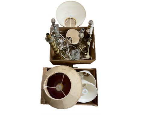 Quantity of brass, ceramic and perspex table lamps with shades in one box