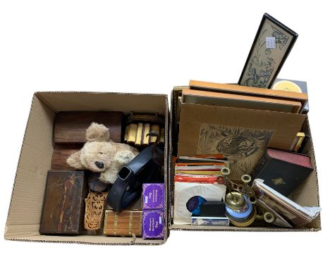 Chinese and Japanese framed prints, records, 19th century tea caddy, other boxes, books and miscellanea in two boxes