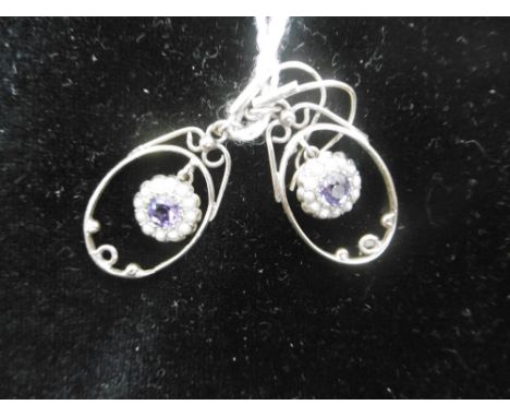 A 9CT GOLD AMETHYST SEA PEARL EARRINGS