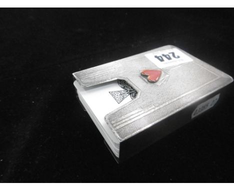 RARE ART DECO ELKINGTON AND CO SILVER PLAYING CARD HOLDER WITH ENAMELED HEART, BIRMINGHAM 1934