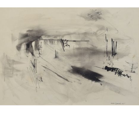William Johnstone (1897-1981), "The Bridge", signed and dated '70, with gallery label on verso, ink and wash, 23.5 x 34cm, 9.