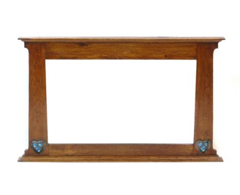 Liberty style oak framed mirror with Ruskin ceramic plaques in copper heart shaped frames, 107cm (42") x 65cm (25").