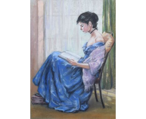 Margaret Ellis, 20th century, Portrait of a seated lady reading, signed, with artist's label on verso, pastel, 58 x 42.5cm, 2