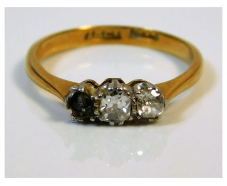 An early 20thC. 18ct gold ring set with old cut diamond of approx. 0.3ct, loss of one stone size J/K 2.1g 