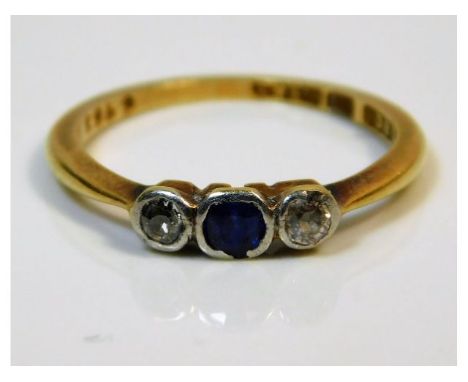 An early 20thC. 18ct gold ring set with diamond &amp; sapphire, some wear to mounts size J/K 1.8g 