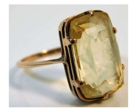 An antique yellow metal ring, electronically tests as 10ct gold, set with citrine stone, size M/N 3.7g 