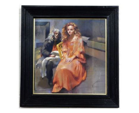 A framed Robert O. Lenkiewicz oil painting on panel depicting Lisa &amp; a portrait of painter, part of St. Anthony Theme, si