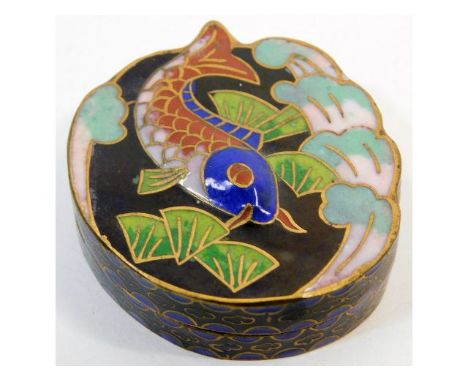 A Chinese cloisonné trinket box with carp decor 1.9in diameter 