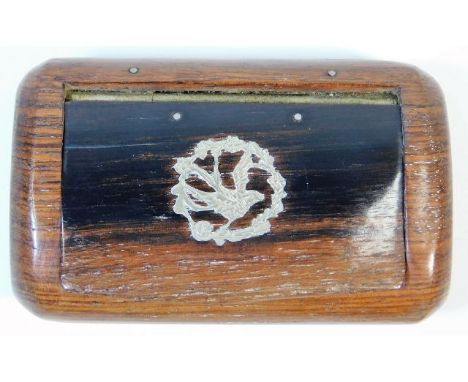A rosewood snuff box with inlaid white metal decor, lid stiff, 2.8in long x 1.8 wide