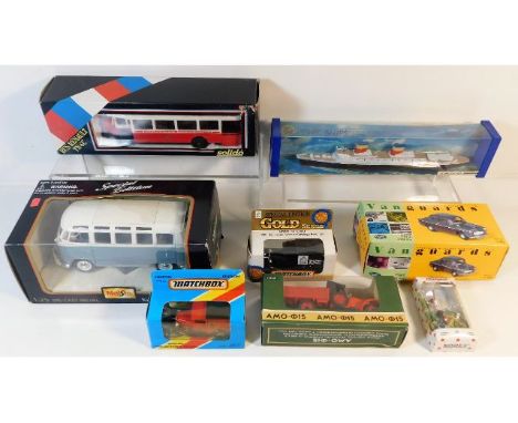 Eight various boxed diecast models: Solido Renault Bus TN6C, a Maisto VW Samba split screen van; a Vanguards Ford Popular; a 