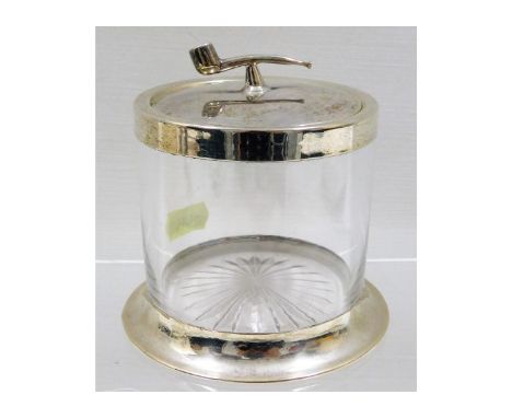 A 1901 late Victorian Chester silver mounted cut glass tobacco jar with novelty pipe finial 4in tall x 4in wide at base