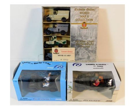 Two diecast Gate models of Laurel &amp; Hardy 'Go to sea &amp; In Jeep' Adventures twinned with Oxford Diecast limited editio