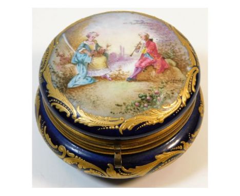 A decorative Sevres porcelain trinket box with gilt fittings &amp; hinged lid, indistinctly signed, 3.5in wide x 2.25in high