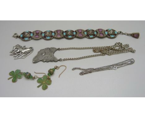 A 'Miracle' bracelet, shamrock earrings, a St. Justin pendant on silver chain, etc. 