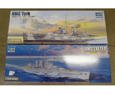 Two Trumpeter 1/350 scale model ship kits, HMS Exeter and HMS York 