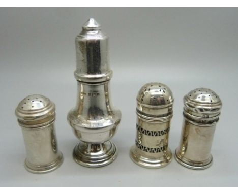 Three silver pepper pots and a silver salt pot, 78g 