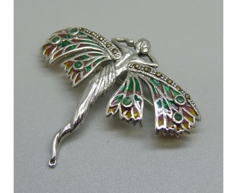 A silver plique a jour and emerald set Art Deco lady brooch 