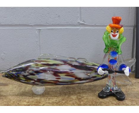 A large glass fish, 53cm length and a Murano glass clown