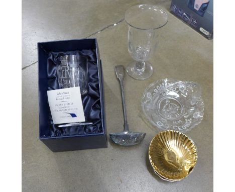 A Whitefriars limited edition Silver Jubilee Queen Elizabeth II crystal goblet with certificate of authenticity, a glass cele