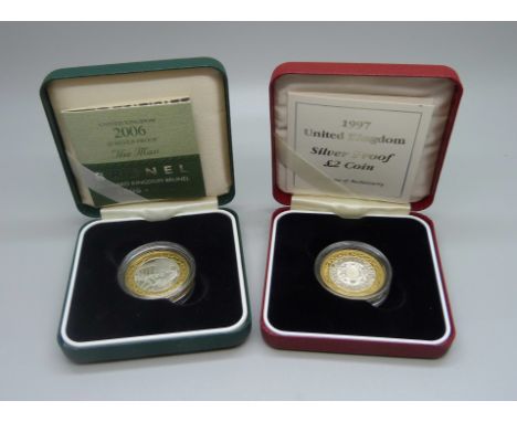 A The Royal Mint UK 2006 Isambard Kingdom Brunel 1806-2006 £2 silver proof coin and a 1997 UK £2 silver proof coin 