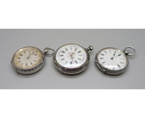 Two 935 silver fob watches and one other fob watch lacking loop 