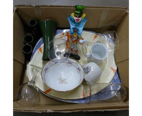 A box of mixed china and glass, a 19th Century slop bowl, Murano glass clown, Lovatts Langley vases, a pair of Masonic wine g