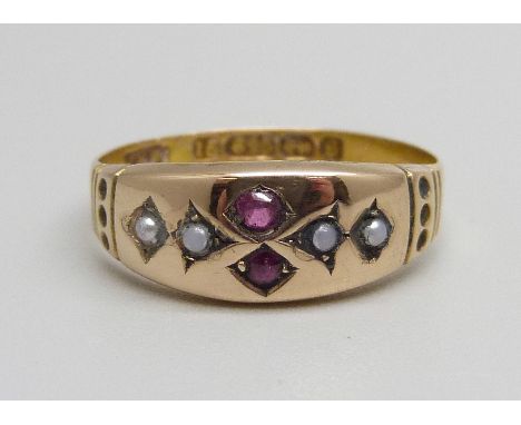 A Victorian 15ct gold, ruby and pearl ring, Birmingham 1892, pearls a/f, 2.3g, N 