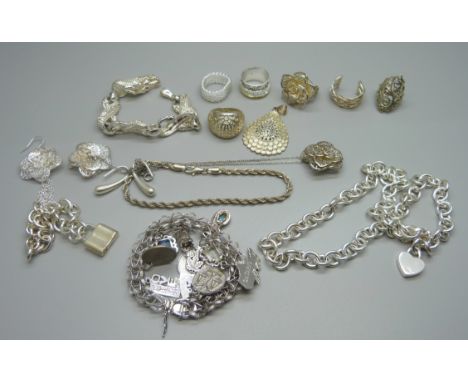 A dragon bracelet and a neck chain, both marked 925, and other silver tone jewellery 