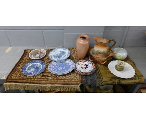 A Poole Pottery vase, a carnival glass bowl, blue and white china, two Royal Crown Derby plates, etc. **PLEASE NOTE THIS LOT 