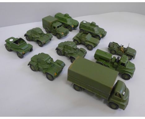 Eleven Dinky Toys military die-cast model vehicles, including Scout Car, Armoured Car, Army Water Tanker and others 