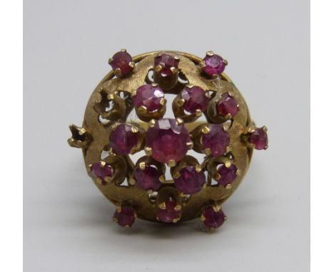 A 14ct gold and ruby cluster ring, two stones missing, 5.9g, M 