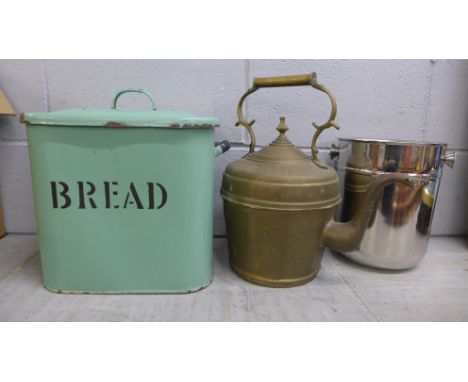 An enamel bread bin, a kettle and a wine bucket **PLEASE NOTE THIS LOT IS NOT ELIGIBLE FOR POSTING AND PACKING** 