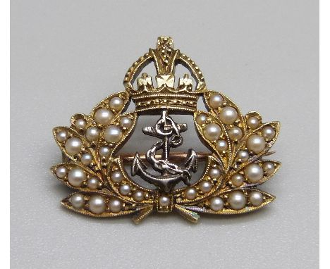 A 14ct gold and seed pearl Navy sweetheart brooch, 4.2g 