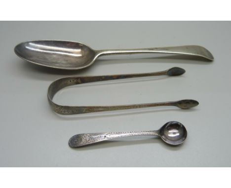A Georgian silver spoon, a pair of silver sugar bows and a Georgian silver mustard spoon, 98g 