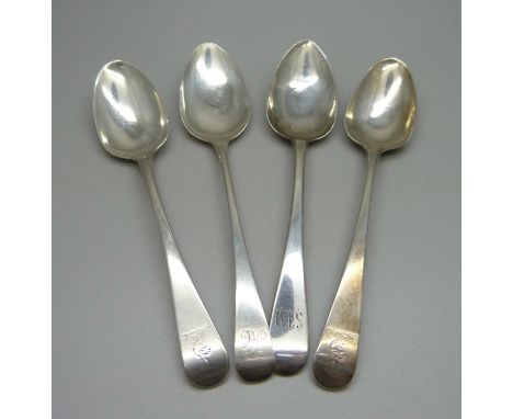 Four Georgian silver spoons, 124g 