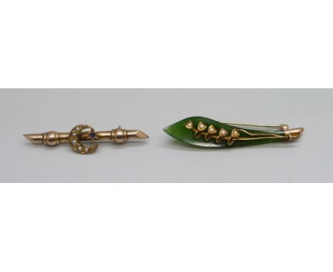 A 9ct gold brooch set with seed pearls and sapphire, 1.9g, and a yellow metal brooch with seed pearls and jade 