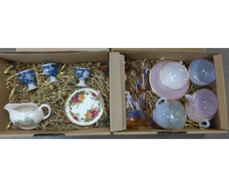 A glass shot set with decanter decorated with a beach scene, a French glass tea cups and saucers set, two Royal Albert Old Co