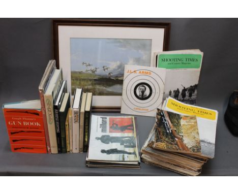 A box lot of books, magazines, Vernon Ward Print etc, to include Gough Thomas's Gun Book, various gun catalogues, Browning, P