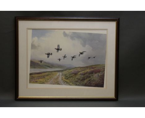 After J C Harrison a limited edition print of red grouse, 152/300 published by Malcolm Innes Gallery.  35 cm x 49 cm, framed 