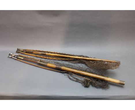 Hardy two folding landing nets, the first telescopic and made from cane and Greenheart, the second made from cane.