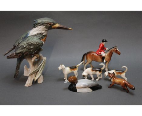 A Goebel Kingfisher, height 25 cm, sold with three Beswick foxhounds, fox and Peter Scott Pochard, Beswick AF and a Japanese 