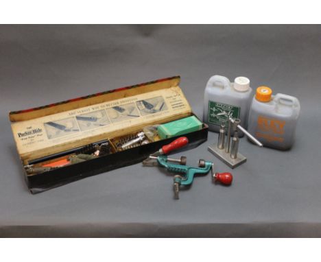 Two part tubs of Tungsten Matrix Impact shot and lead shot, together with re-loading tools, vintage Parker Hale cleaning kit 