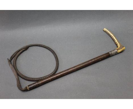 Swaine an antler handled riding crop, with inset button marked Swaine &amp; Adeney leading to a silver collar engraved J Mart