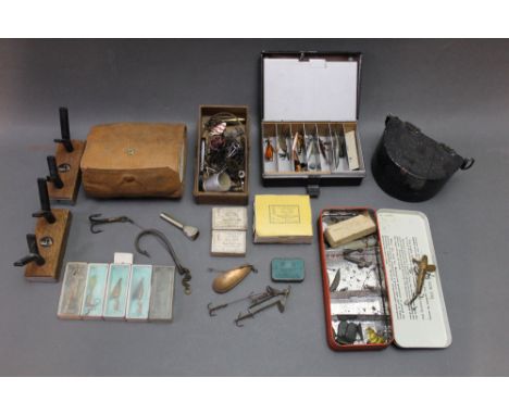 A collection of vintage tackle, to include Hardy dead bait rig, Hardy tin, Hardy spoon, Hardy roller rod tip with red agate l